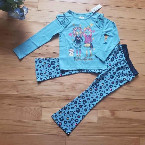 NWT Girl's 2 Piece Blue Animal Print "Positive Influencers" Long Sleeve Shirt & - Picture 1 of 4